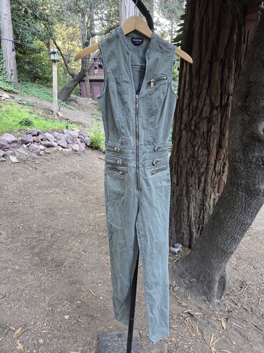 Bebe Olive Green Utility Zip-Front Jumpsuit